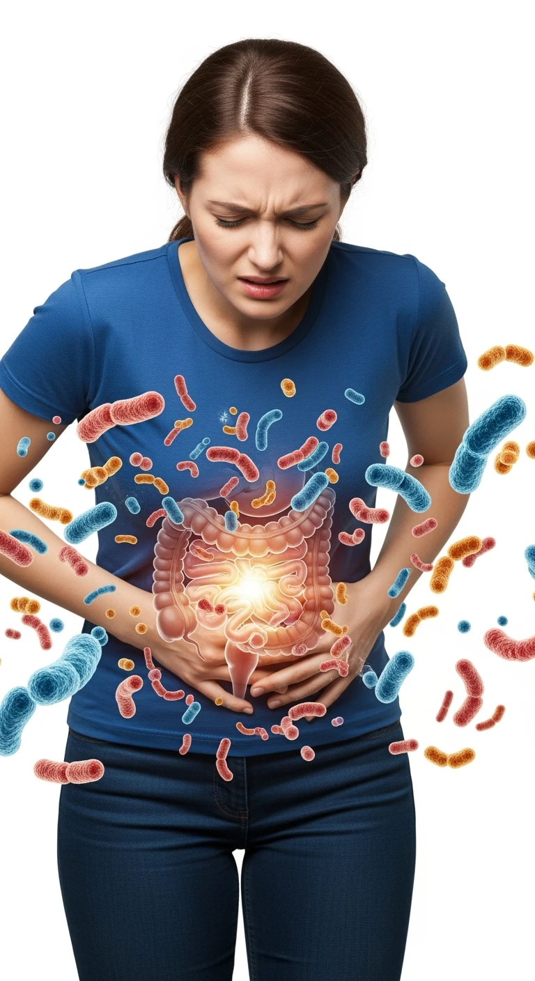 DONNA CON MAL DI PANCIA E INTESTINO UMANO ANATOMICO VISIBILE, BATTERI INTESTINALI FLUTTUANO INTORNO, IPERREALISTICO 4K, SFONDO BIANCO emoji