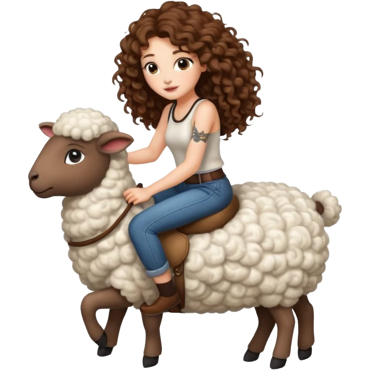 cute woman long curly brown hair tattoos riding fluffy sheep emoji