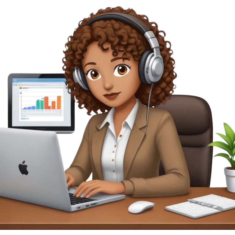 a woman with brown curly hair in an office working with laptop listening to music emoji