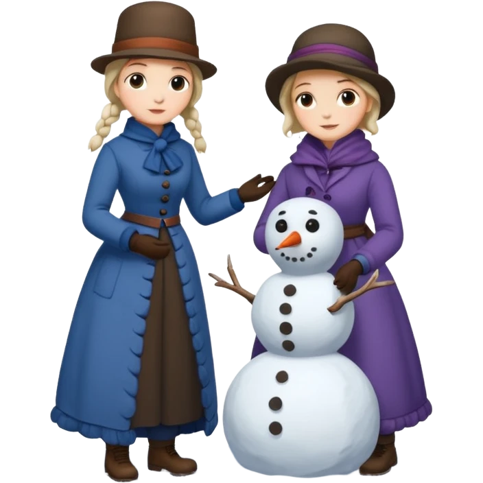  young Virginia Poe and  eldely Maria Clemm  full body building a snowman  1800's emoji