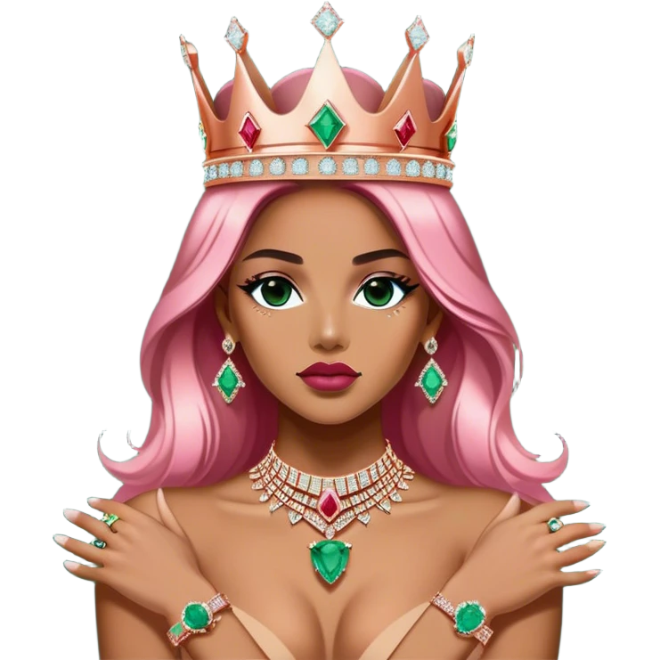 JetSetFly wearing a rose-gold KING crown that is diamond encrusted with monazite, rubies, tiny iced-out perfectly set diamonds, Rolex-rainbow dial crystals, emerald, , VVS emerald diamonds surrounded by famous instagram models  emoji