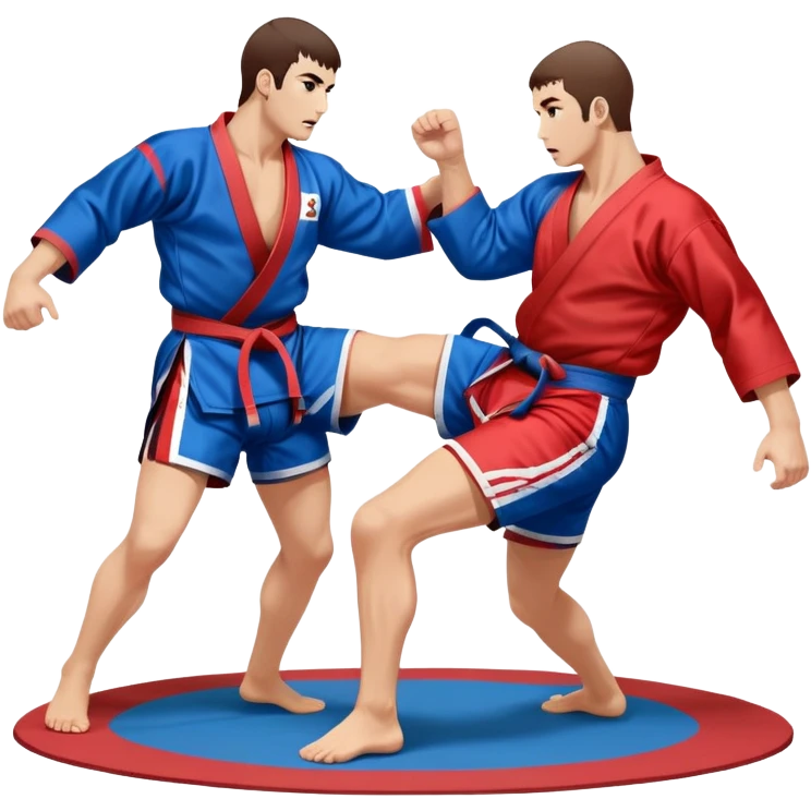 Two Sambo fighters in blue and red kimonos, with shorts and wrestling shoes, performing grappling and throwing techniques. The background shows a wrestling mat and an intense, focused atmosphere. Transparent background highlights the fluidity and skill of the sport without strikes. emoji