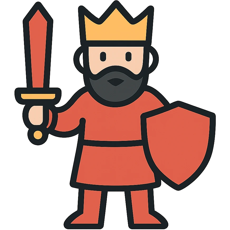 Minimalist red king with sword and shield, fantasy RPG style. Simple outlined character with crown and basic details only. emoji