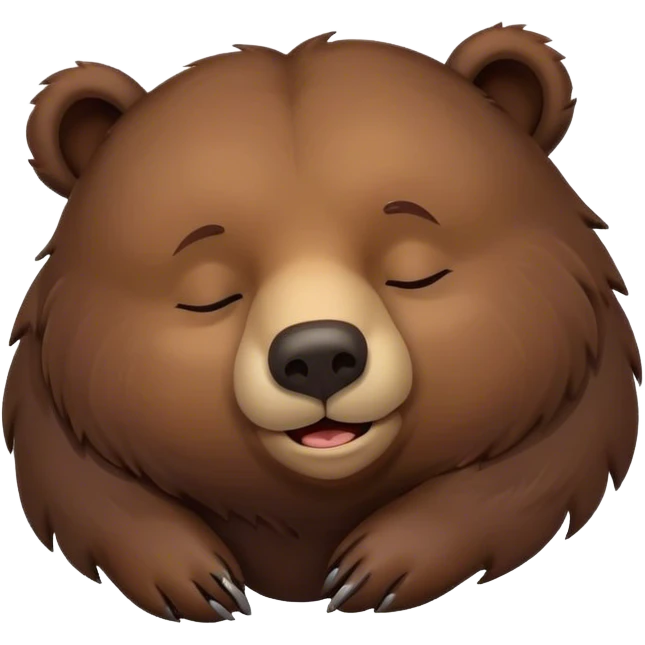 Meme-Worthy Cute Sleeping Grizzly Bear Portrait Emoji, Head resting peacefully with a contented smile, showcasing a massive, robust build and a luxuriously soft deep brown fur, eyes shut in a serene, restful nap, Simplified yet hilariously adorable features, highly detailed, glowing with a soft, drowsy light, high shine, relaxed and utterly lovable, stylized with an air of playful laziness, bright and heartwarming, soft glowing outline, capturing the essence of a comically sleepy grizzly, so meme-worthy it feels like it could instantly become the next viral sensation of adorable slumber! emoji