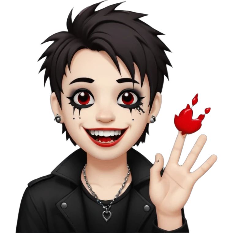 Laughing pale Goth boy with a bunch of face piercings, with shaggy dark brown hair, and messy black eyeliner , smudged, red, lipstick and rock on hand sign emoji