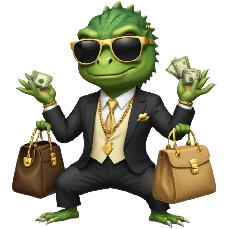 capitalist iguana banker godfather with black sunglasses breakdance with bag emoji