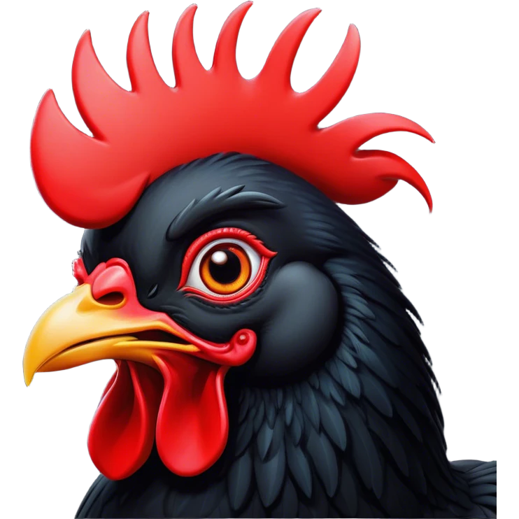 Cinematic Comical Black Rooster Portrait Emoji, Head tilted dramatically with an exaggeratedly shocked or amused expression, featuring a striking pure black plumage with a bold red comb, wide, expressive eyes filled with playful disbelief, Simplified yet hilariously expressive features, highly detailed, glowing with a slightly sassy glow, high shine, dramatic yet playful, stylized with an air of cheeky mischief, bright and endearing, soft glowing outline, capturing the essence of a spirited and over-the-top rooster, so meme-worthy it feels like it could crow its way into internet fame instantly! emoji