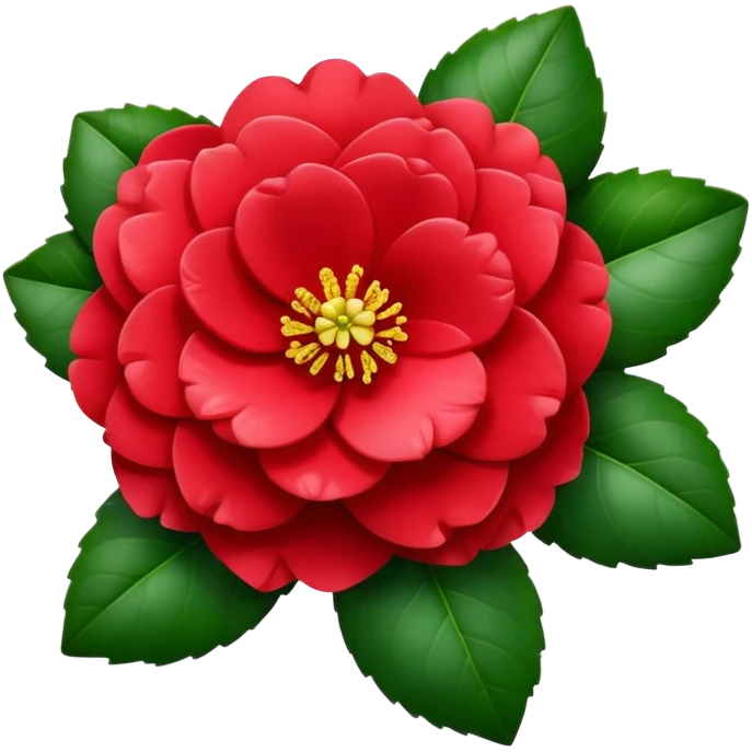 Beautiful red camellia flower with layered petals and glossy green leaves emoji