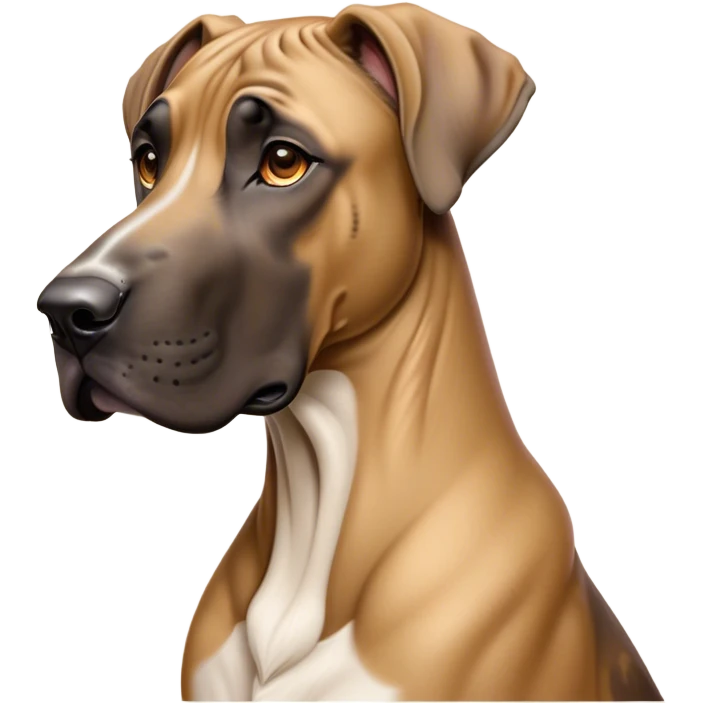 Cinematic Noble Fawn Great Dane Portrait Emoji, Poised and regal, with a towering, muscular build and a sleek, well-groomed solid fawn Fur accented by subtle dark markings, deep-set soulful amber eyes, Simplified yet sharp and sophisticated features, highly detailed, glowing with a soft, dignified glow, high shine, intelligent and gentle, stylized with an air of majesty, focused and attentive, soft glowing outline, capturing the essence of a watchful and confident guardian, so majestic it feels as though it could stride out of the screen with effortless authority! emoji