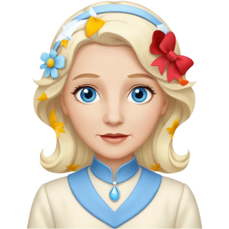 Patty Andrews from the Andrews Sisters with long platinum blonde hair, blue eyes, ivory outfit emoji