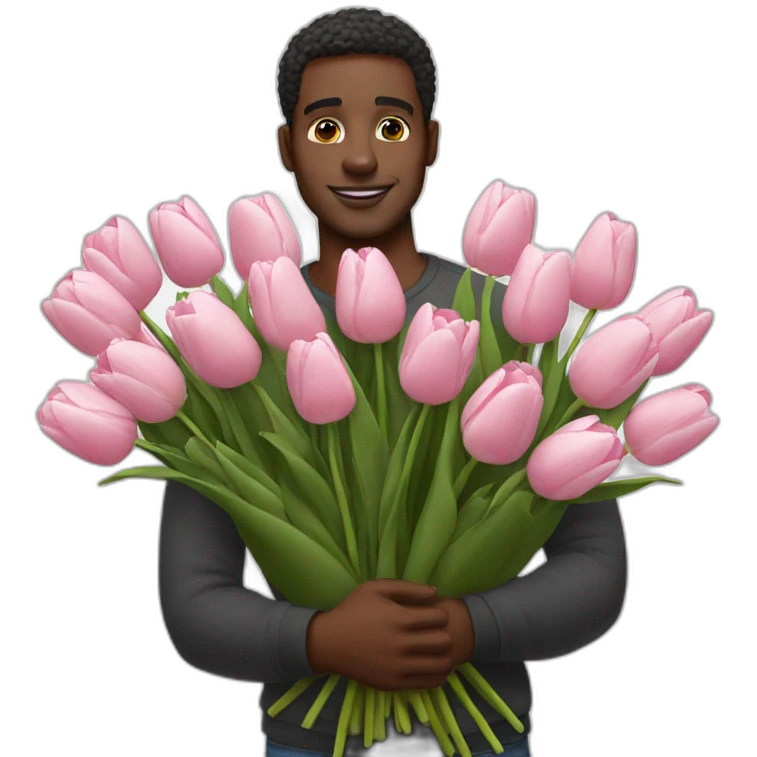Black man with a huge bouquet of pink and white tulips in his arms emoji