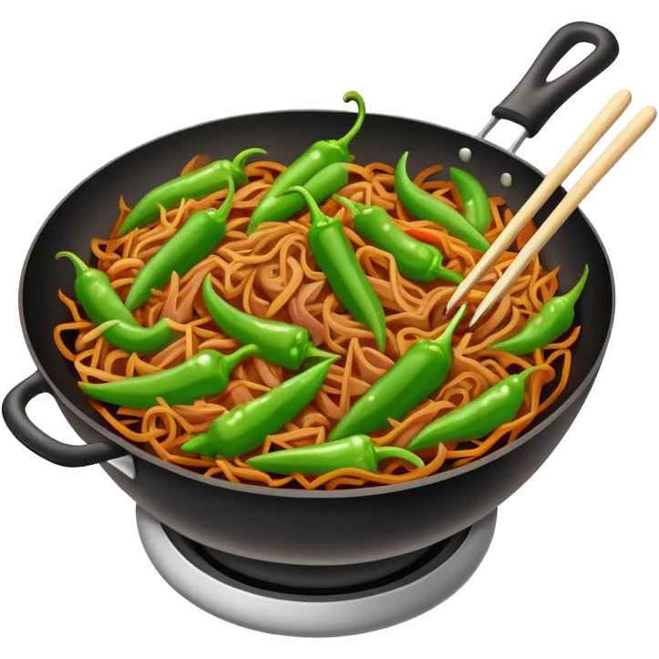 Green Pepper with Shredded Pork in wok, simplified emoji style with bold outlines and bright colors, cartoon style Qing Jiao Rou Si homestyle dish emoji