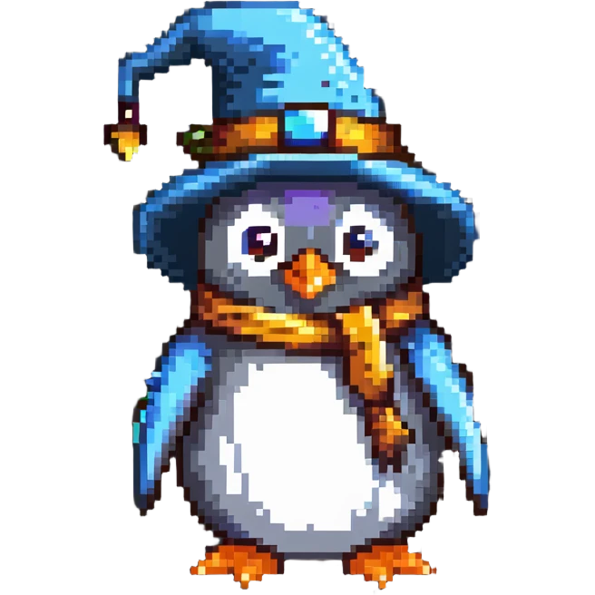 A penguin wizard with a long beard and pointed hat emoji