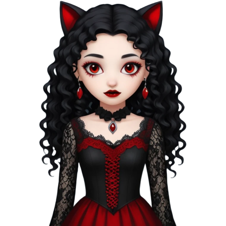 A girl with a red goth vampire look in a black and red goth lace dress with long sleeves and long black curly hair Fox eyes emoji