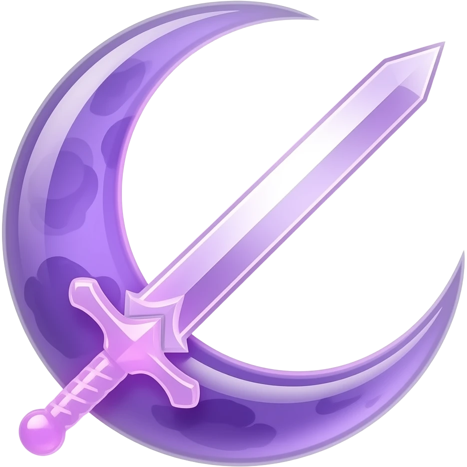 transparent dark purple detailed crescent moon with an elegant detailed glowing transparent sword, emoji style. The sword is positioned so that the blade points away from the moon and the hilt faces toward the moon (blade facing outward, not toward the moon). Soft violet and pink glow emoji