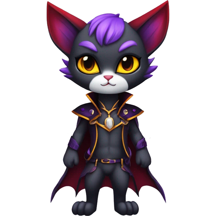 Anthro-Cute-Edgy-Cool-Vampiric-Batty-Cat-Black-Purple-Red-Grey-White-Yellow-Contrast-Colors-Fantasy-Fur-Sona-Chibi-Shiny-Fakémon-Hybrid with horns and fangs and collar full body emoji