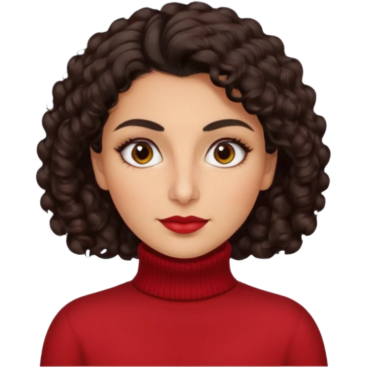 30 yr iranian woman dark brown hair curly wavy short hair, red turtle neck sweater, thick eyebrows emoji