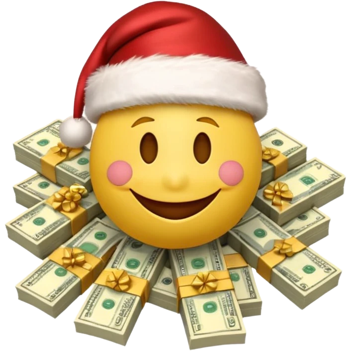A festive 3D emoji style yellow smiley face wearing a Santa hat, surrounded by stacks of cash and dollar bills, joyful expression, Christmas and New Year theme, high quality, clean design, studio lighting, no text, no background, isolated object, transparent background, emojis.com style emoji