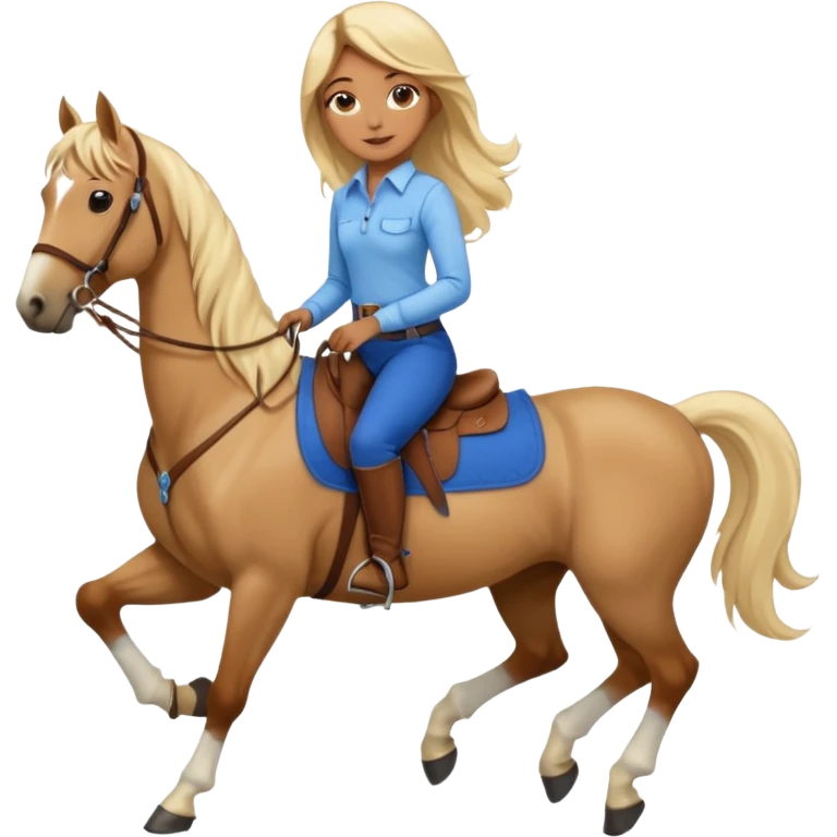 Brown girl with very long blonde hair wearing a cream colored; collared long sleeve shirt and blue riding pants with brown boots on top of a brown horse with 4 legs emoji