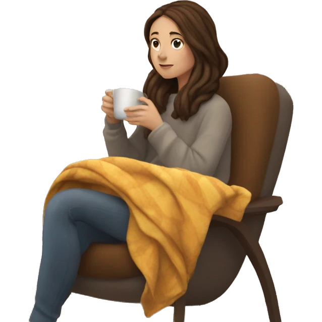 Brunette white girl covered in blanket autumn vibe sitting on a cozy chair holding coffee, window on the background emoji