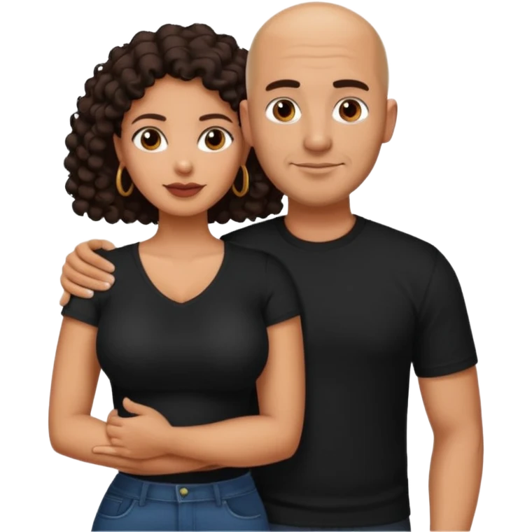 A picture of a tanned couple with the man's arm around her. the man is a Mexican man with tanned skin, a bald hair cut, short beard and wearing a black shirt. the woman is mixed, with curly dark brown hair and with big boobs  emoji