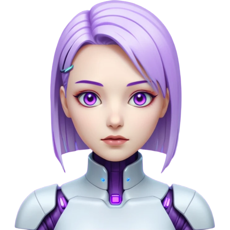 Cyberpunk female android, perfect porcelain skin, glowing artificial eyes, visible faint seams on neck, sleek metallic hair, expressionless, vibrant violet lighting emoji
