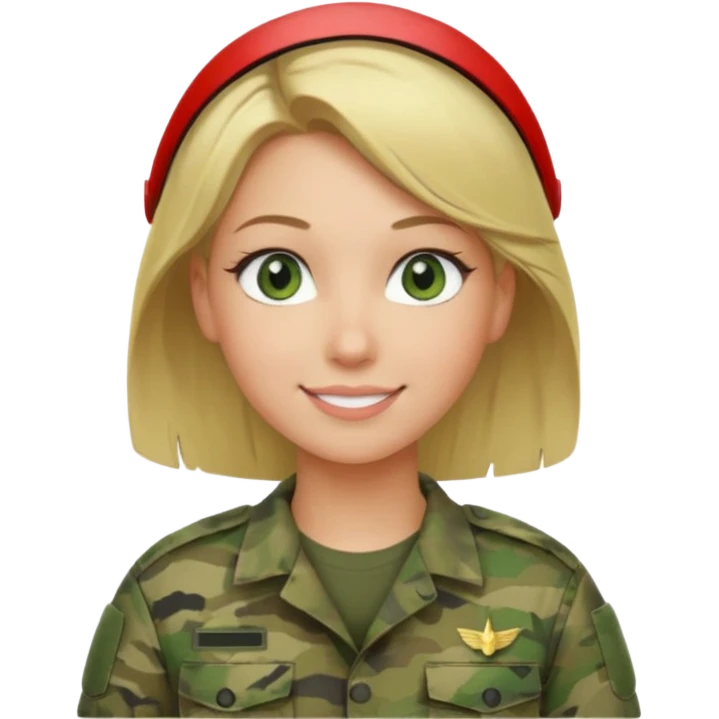 Apple-style emoji: female soldier, bust, no cap/helmet, friendly smile, generic camo top, blonde hair emoji