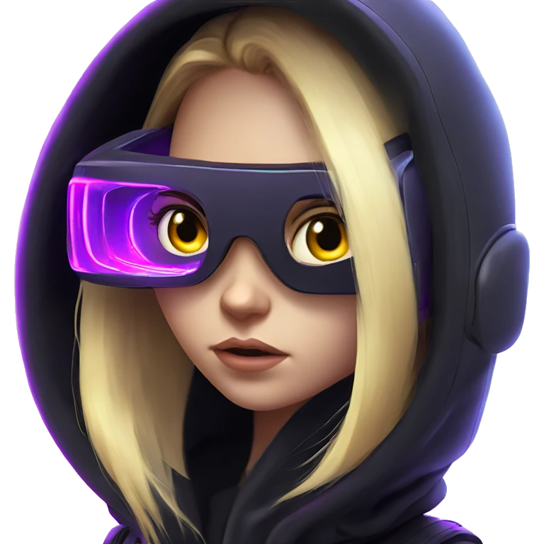 Russian cute blond girl wearing black hoody with violet letters "OMG", in vr headset. Cyberpunk style. Violet neon. emoji