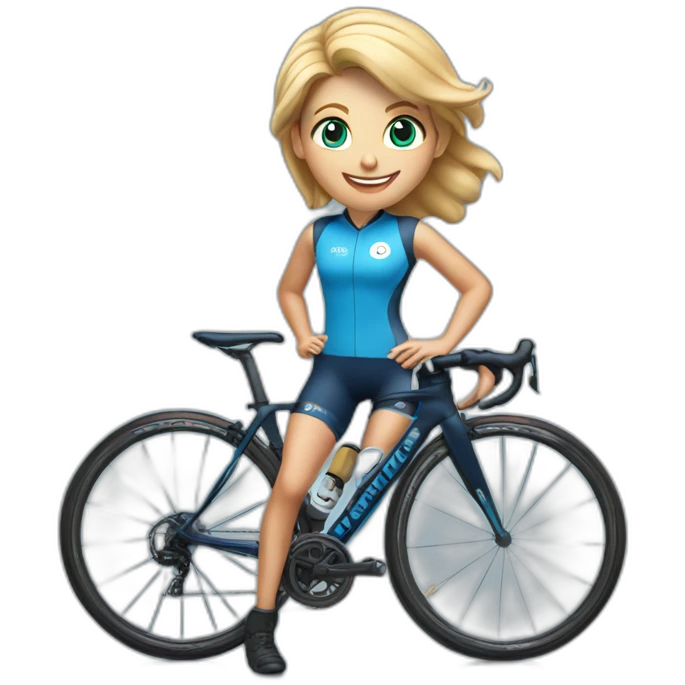 small blonde woman cyclist with brown eyes, very smiling, with dark blue outfit and sky blue infinity logo as sponsor emoji