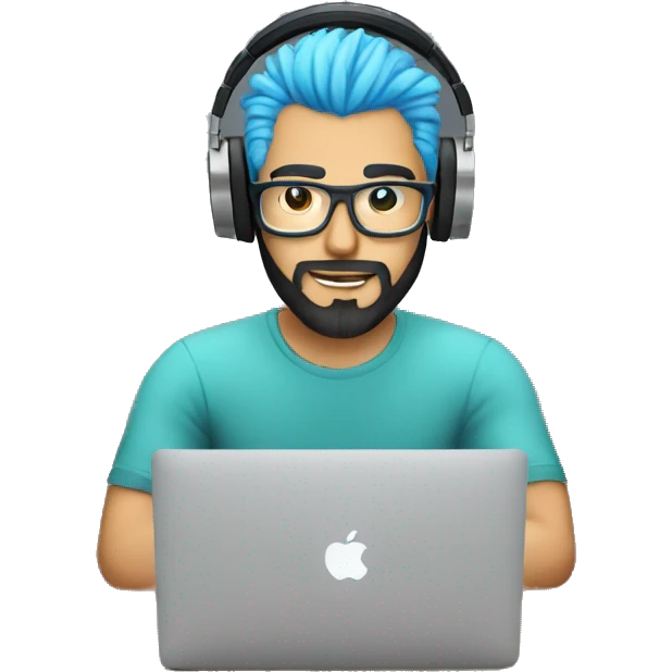 male programer coding in a macBook on a coffee table with headphones, beard, white skin and blue hair  emoji