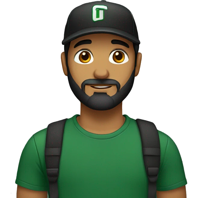 brown man with a dark beard, dark eyes, dark green t-shirt and a BLACK BLACK cap emoji