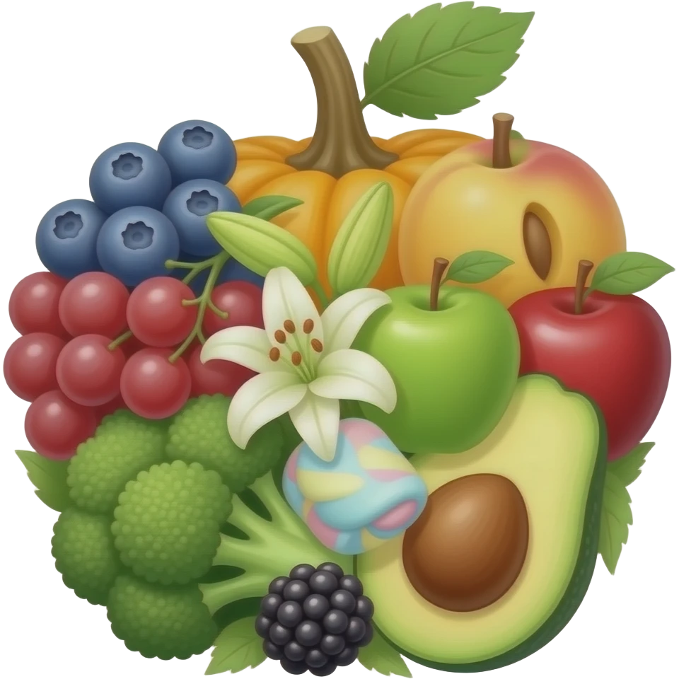 Blueberry and grapes and peach and pumpkin a double green red apple and grapes and an avocado and a flower and a blackberry and lily  combined  into one fruit and a greeen broccoli and cotton candy combine emoji