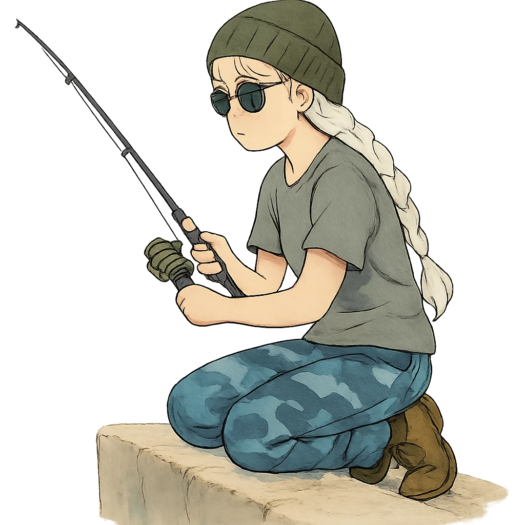 1 female, long white braid, knit cap, dark sunglasses, GRAY T-SHIRT, blue camo pants, KNEELING AND FISHING WITH A TRAVEL FISHING POLE OVER THE LEDGE emoji