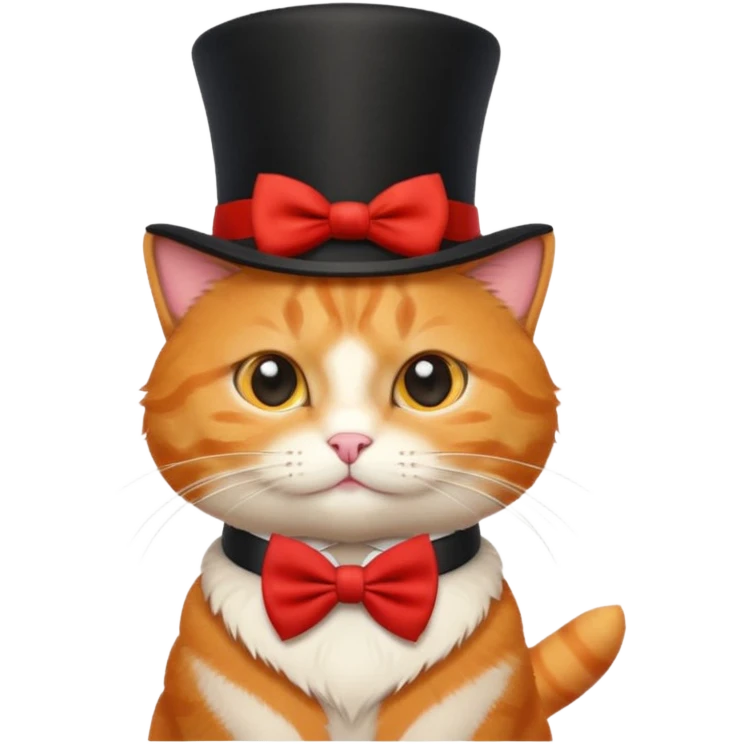 Cute emoji-style orange tabby cat wearing a black top hat with a red band and a red bow tie, big round eyes, fluffy fur, clean mascot style, centered, transparent background, 1:1 ratio. emoji