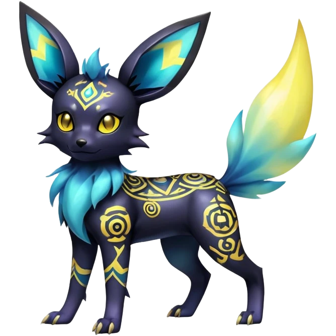 Shiny Exotic Badass Colorful Ethereal Royal Mysterious Gothic Umbreon-Jolteon-Noibat-Pokémon-Fakémon-hybrid-creature (full body) with pattern-markings emoji