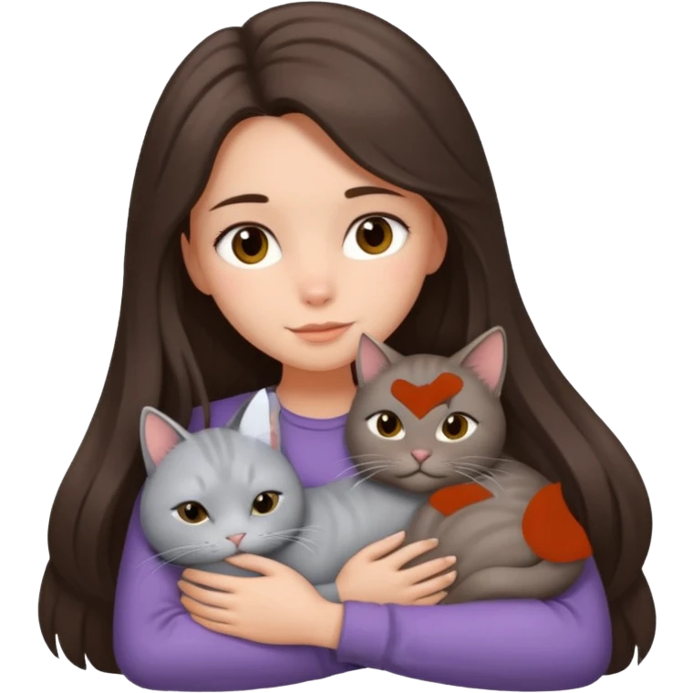 Brunette girl long hair snuggling grey cat emoji