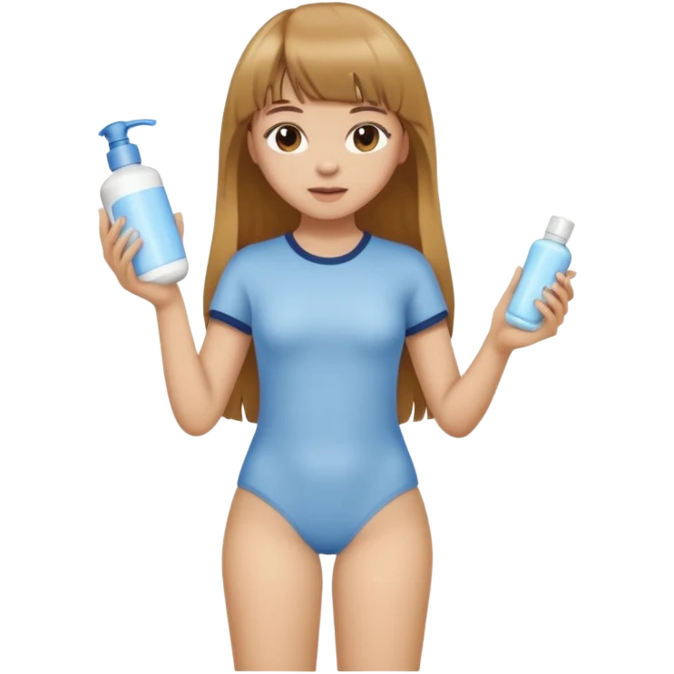 a girl with light skin and medium brown long hair with bangs who is applying lotion to her body show her whole body emoji
