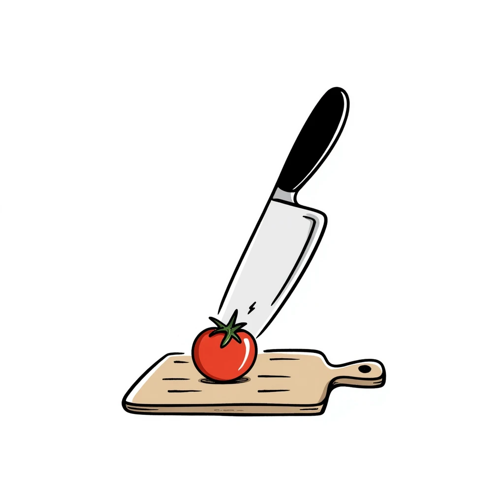 hand-drawn kitchen knife cutting a fresh tomato on cutting board emoji