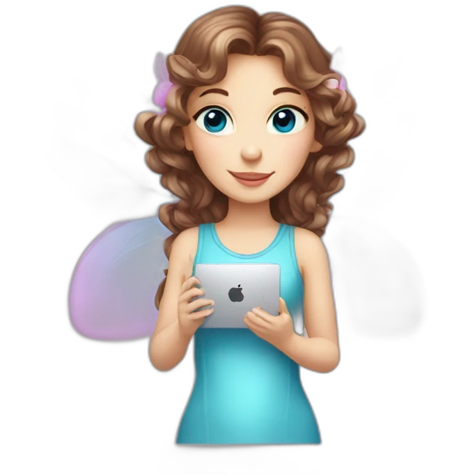  beautiful fairy with pink wings, brown wavy hair, and blue eyes, holding a computer mouse emoji
