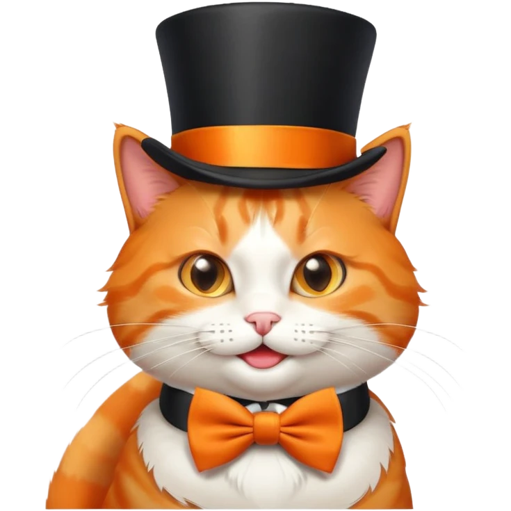 playful orange cat in a top hat and bow tie, winking emoji