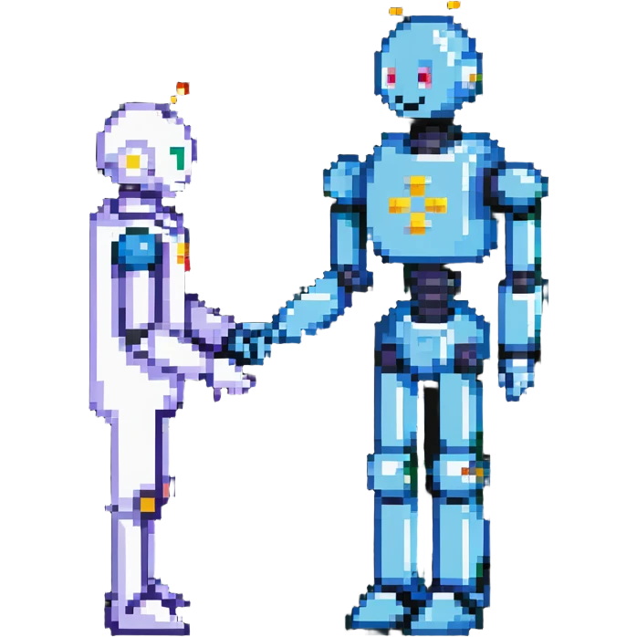 pixel art of a human and robot shaking hands emoji