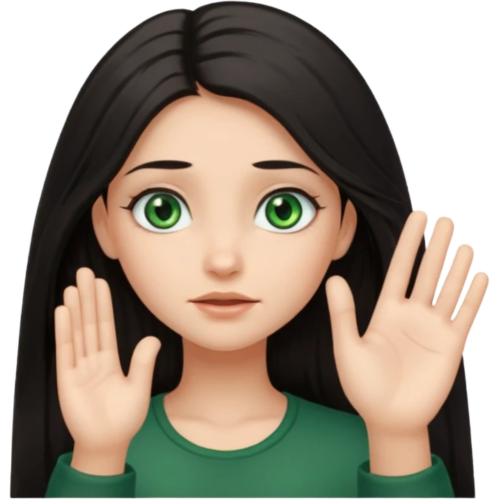 Animated girl dark long hair green eyes emoji holding right side of the head with her hand with duh facial expression , hand on her head emoji