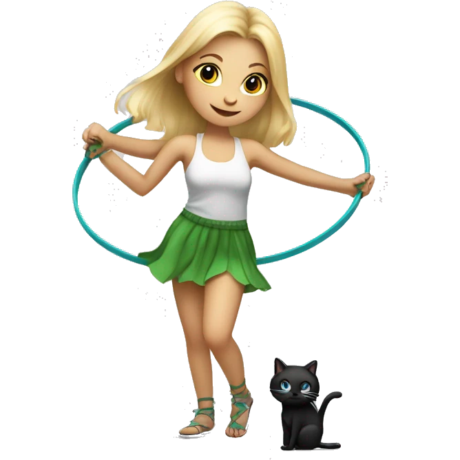 Blonde girl with hula hoop dancing with a small black and white cat emoji