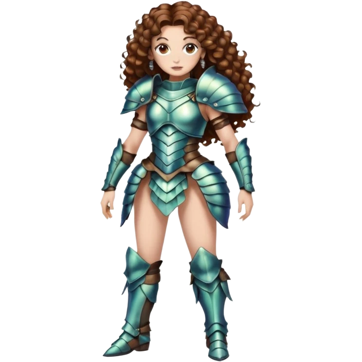 full body woman long curly brown hair brown eyes white skin tattoos beetle shell armor couture, iridescent plates, confident stance emoji