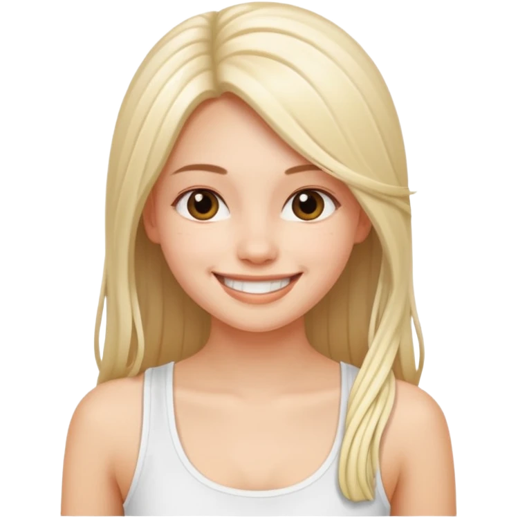 a pretty bratz fair girl with straight long hair, wearing a white noodle strap tank top, smiling emoji