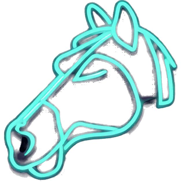 Neon sign of a horse face emoji
