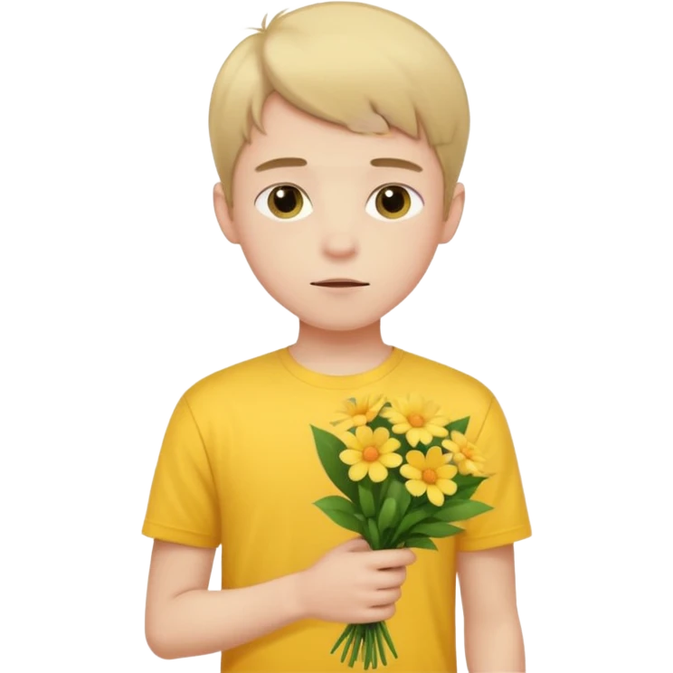 generate an ios genmoji of a 20 year old fair boy with 3 very faint upper lip  hair. should look like he cant grow a mustache., carrying a flower bouquet, wearing a yellow tshirt, looking shy emoji