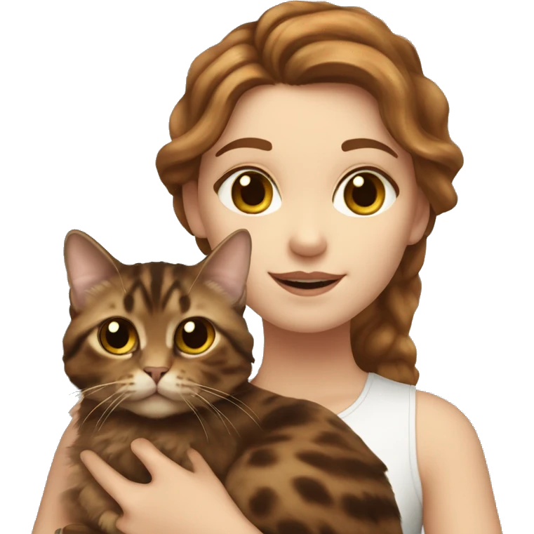 White girl with brown long wavy hair holding a tortoiseshell cat emoji