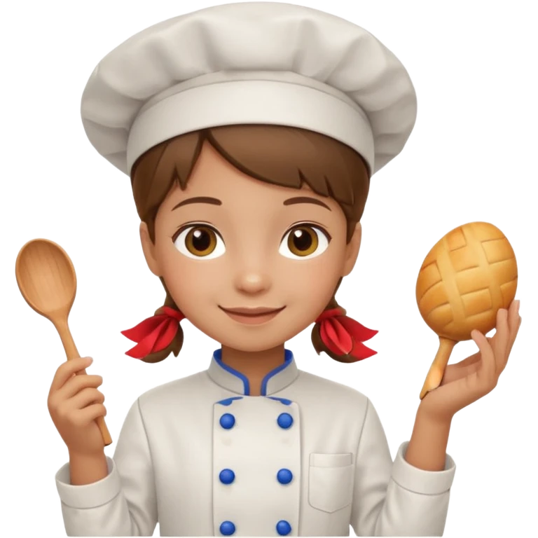 girl kid italian chef, uniform, holding toy emoji