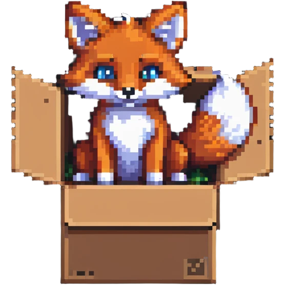 Playful fox sitting in a cardboard box, kids toy aesthetic, pixel art style emoji